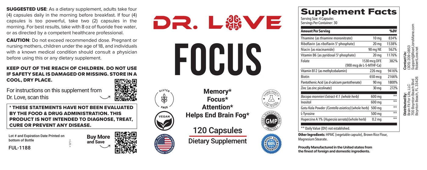 Dr. Love's Focus supplement facts label